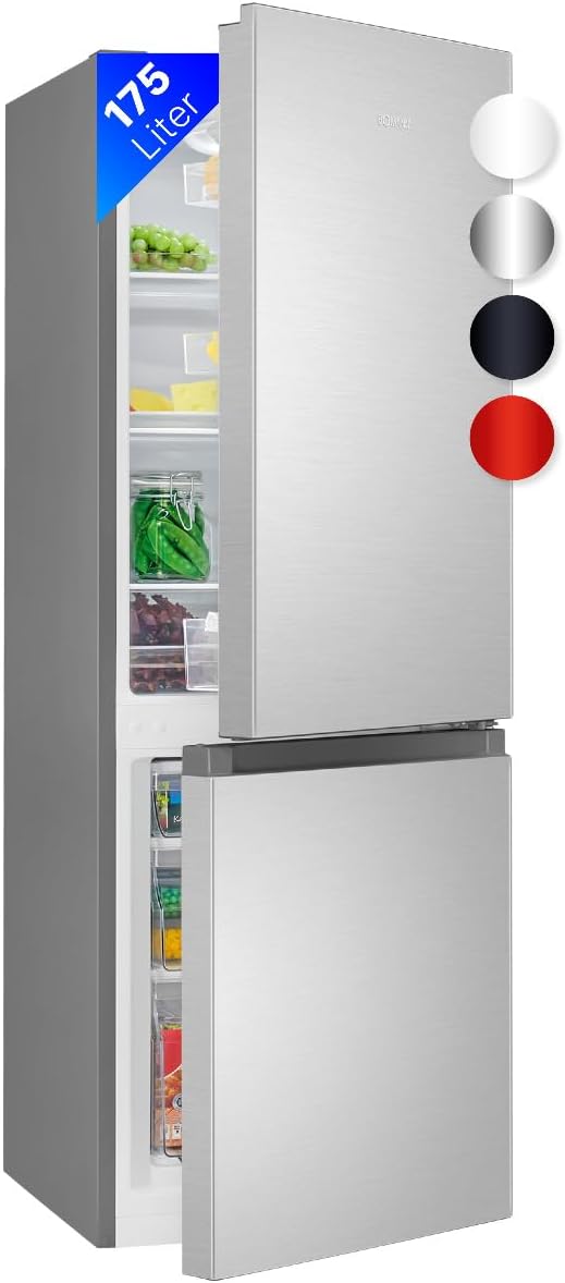 Bomann® Kühlschrank mit Gefrierfach | Energieklasse E | 143cm | Kühl Gefrierkombination leise 39 dB | 3 Ablagen & 3 Schubladen | Türanschlag wechselbar | 175L Kühlgefrierkombi | KG 320.2 inox