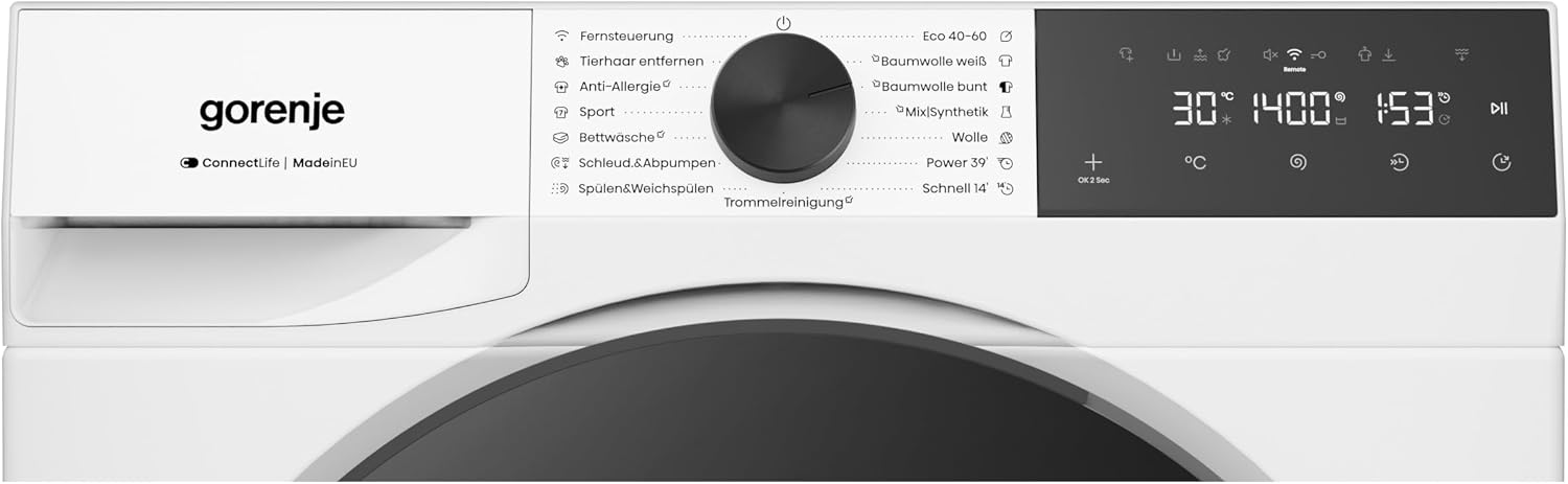 Gorenje WGAM474A Waschmaschine mit Dampffunktion /7 KG /1400 U-Min/ConnectLife /15 Programme/UltraClean/EasyDosing/SteamTech/Inverter PowerDrive /20% besser als Energieeffizienzklasse A/Weiß