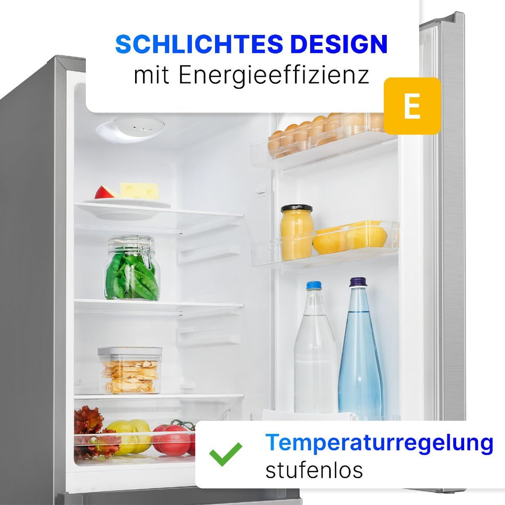 Bomann® Kühlschrank mit Gefrierfach | Energieklasse E | 143cm | Kühl Gefrierkombination leise 39 dB | 3 Ablagen & 3 Schubladen | Türanschlag wechselbar | 175L Kühlgefrierkombi | KG 320.2 inox