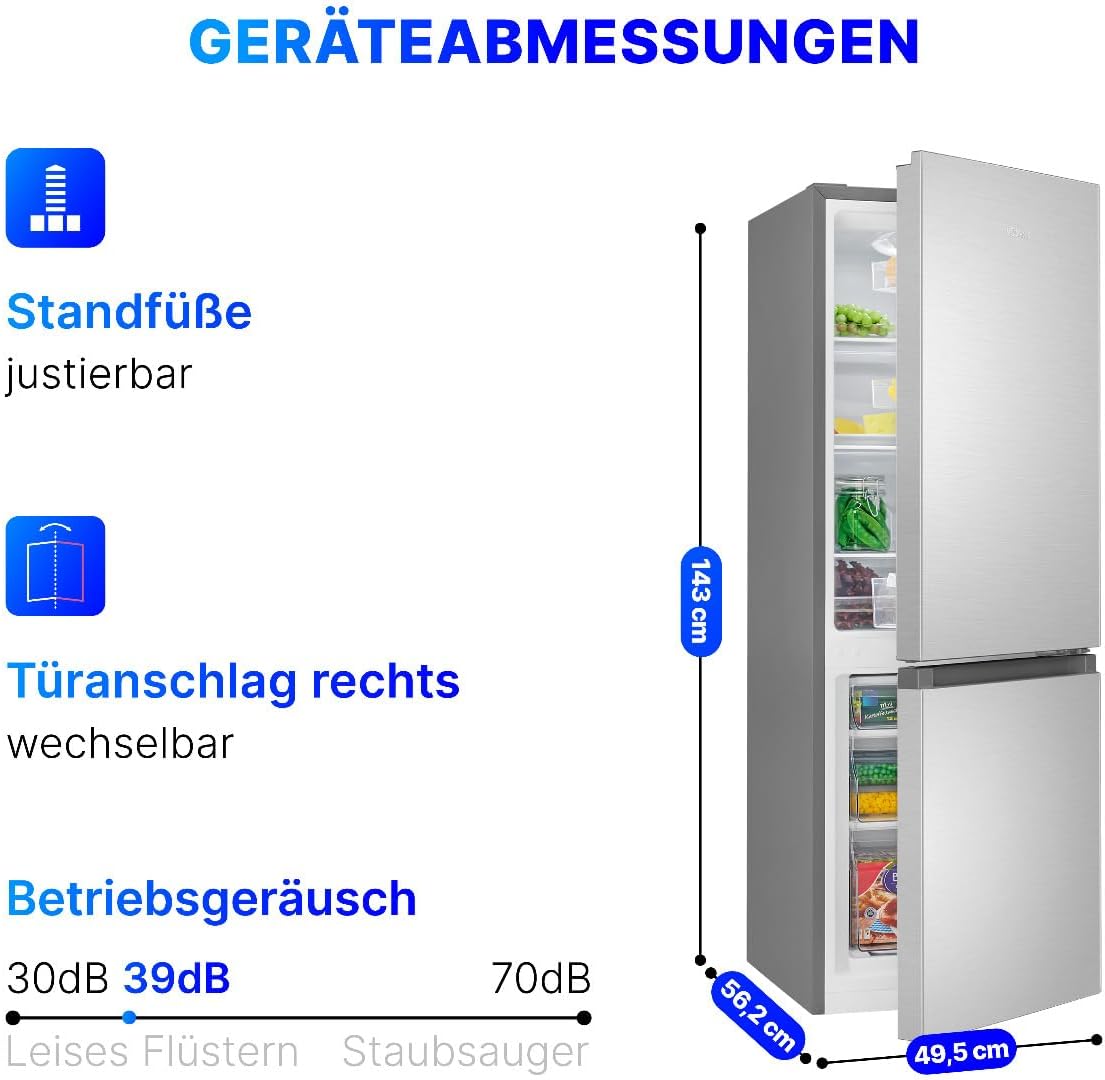 Bomann® Kühlschrank mit Gefrierfach | Energieklasse E | 143cm | Kühl Gefrierkombination leise 39 dB | 3 Ablagen & 3 Schubladen | Türanschlag wechselbar | 175L Kühlgefrierkombi | KG 320.2 inox