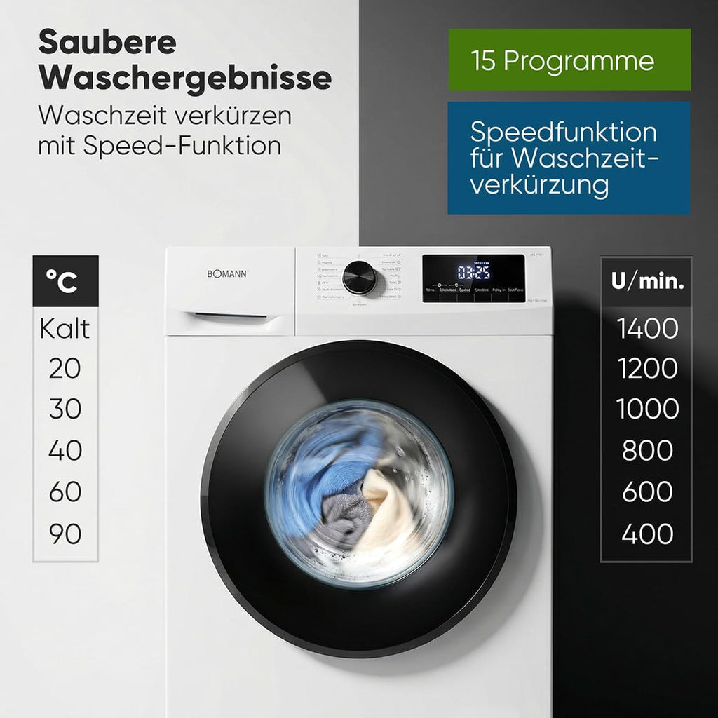 Bomann® Waschmaschine 7kg | max. 1400 U/min | 10 Jahre Motor-Garantie | effizienter, leiser & langlebiger Invertermotor | 15 Programme | Endzeitvorwahl | LED-Display | Washing Machine | WA 7175.1 weiß