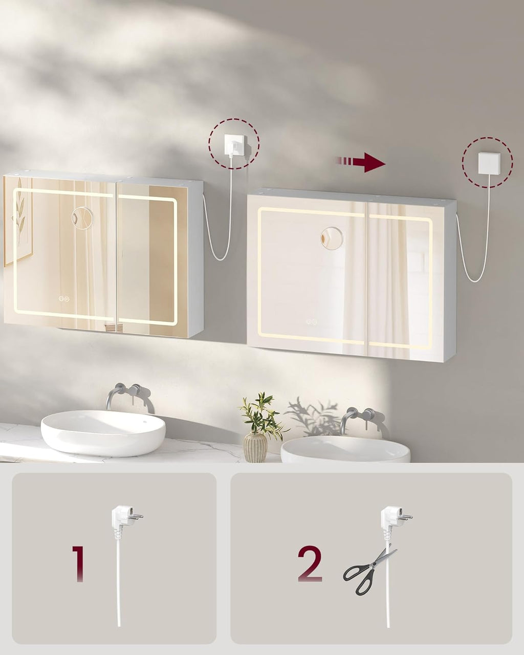 VASAGLE Spiegelschrank mit Beleuchtung, Wandschrank, 16,5 x 80 x 60 cm