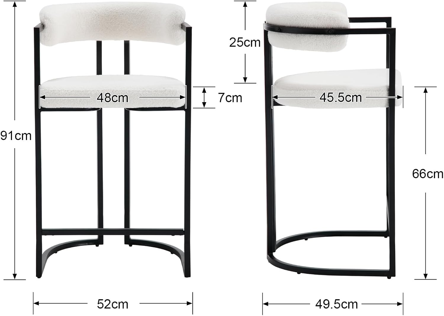 chairus Barhocker 2er Set mit Lehne Kunstfell bar Stool Tresenhocker Weiß