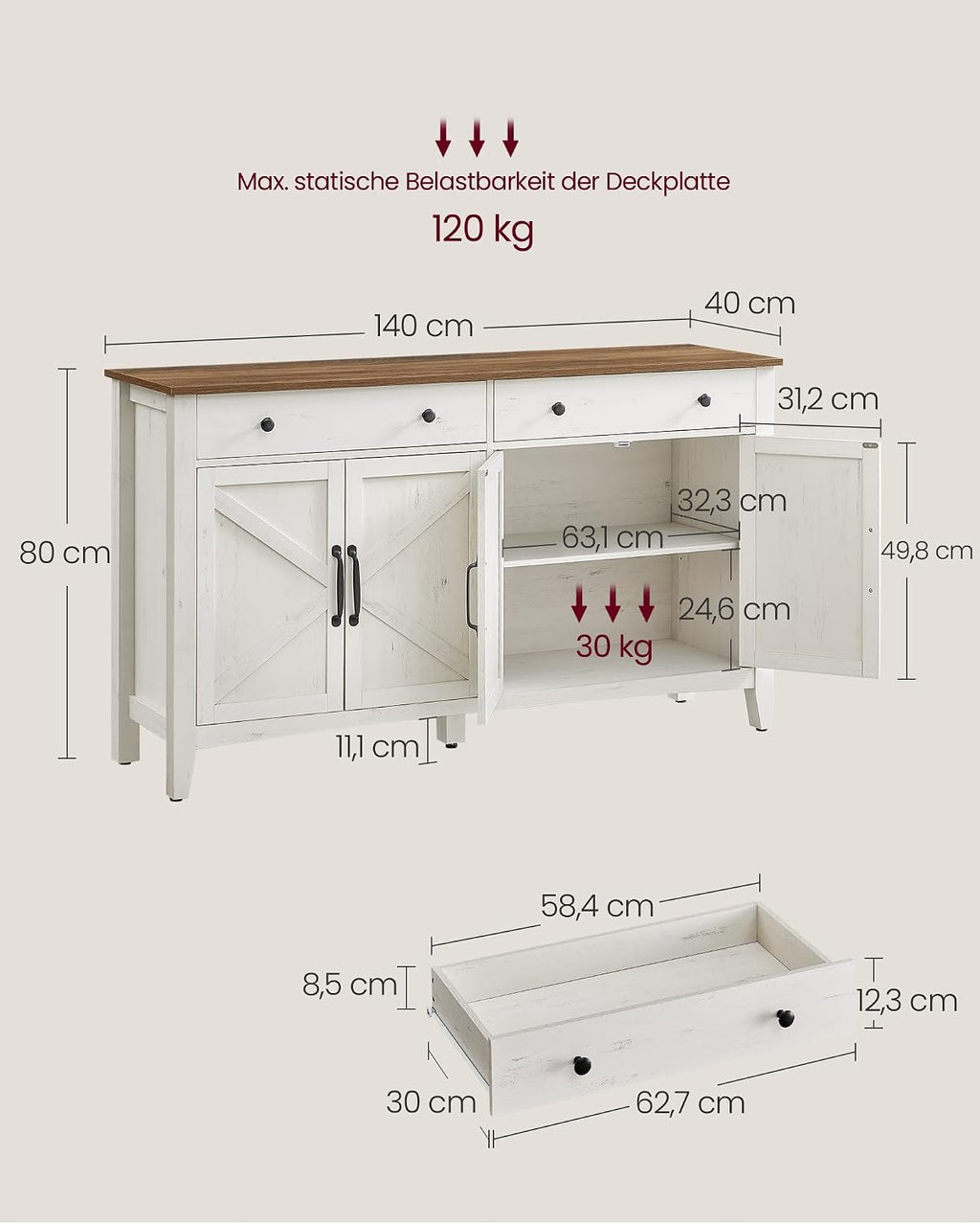 VASAGLE Küchenschrank mit 4 Türen, Sideboard