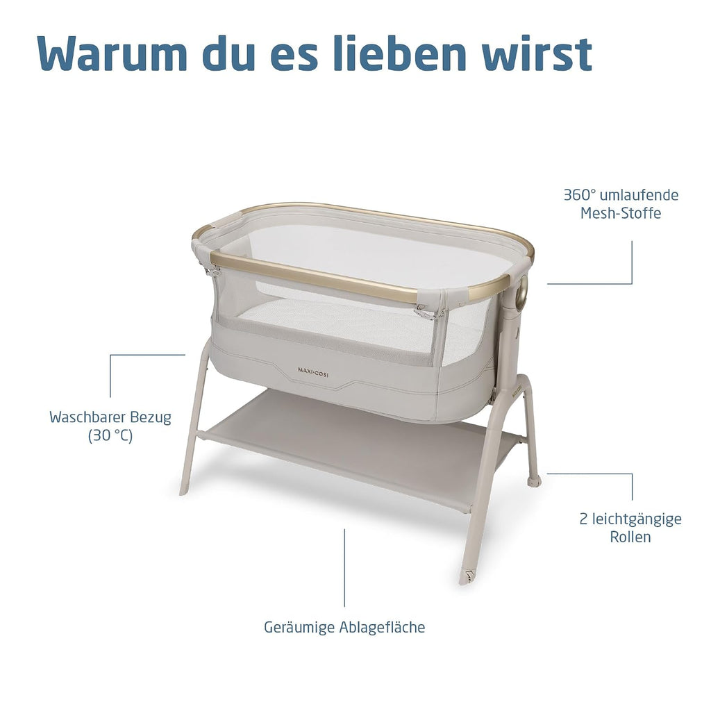 Maxi Cosi Iora² Baby Stubenbett, 0–6 kg (9 kg), Klappbares und Leichtes Beistellbett Baby, 5 cm CloudCore-Matratze, 5 Höhenstufen, 2 Leichtgängige Rollen, Easy Slide, Elegance Beige