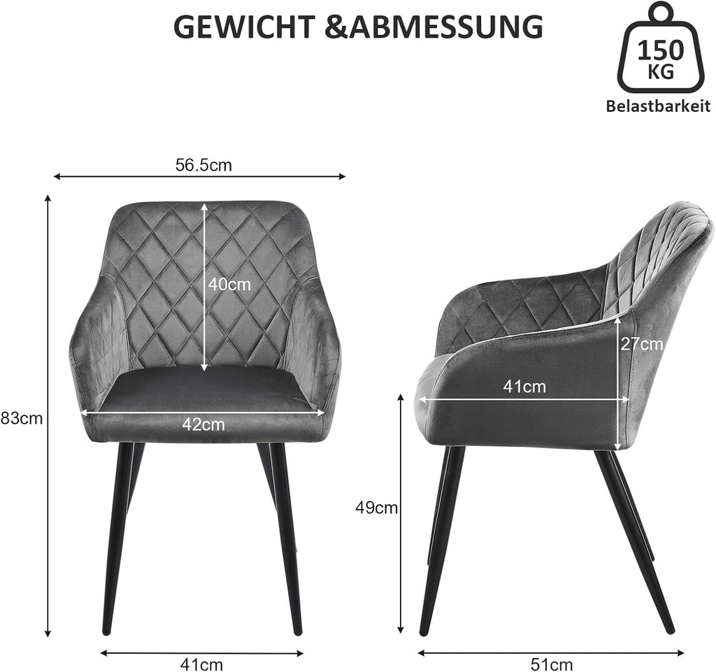 CLIPOP Esszimmerstühle 2er Set, Küchenstühle Grau Samtstoff stühle Polsterstühle mit Armlehne Metallbeine Polstersessel Stühle für Esszimmer Küche (2, Samt Grau)