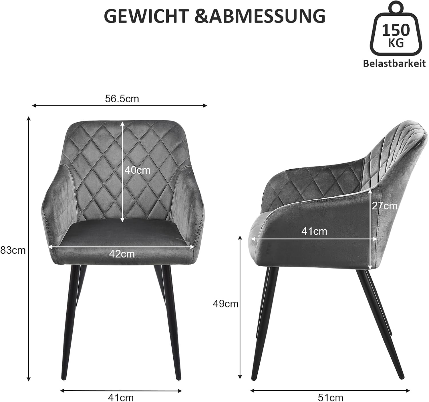 CLIPOP Esszimmerstühle 2er Set, Küchenstühle Grau Samtstoff stühle Polsterstühle mit Armlehne Metallbeine Polstersessel Stühle für Esszimmer Küche (2, Samt Grau)