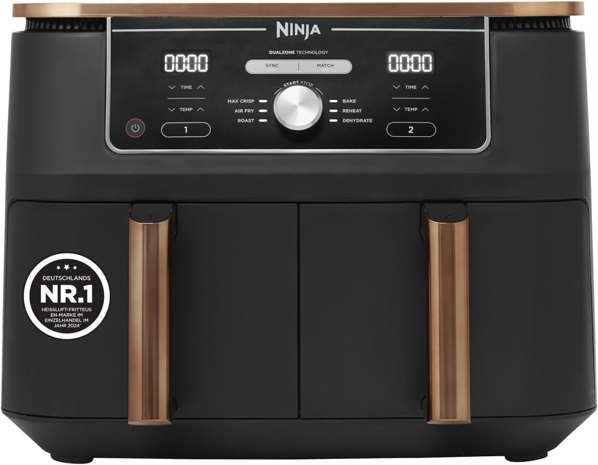 Ninja Foodi MAX Dual Zone Heißluftfritteuse, 9,5L Airfryer, 2 Fächer, mit Zange, Antihaftbeschichtung, spülmaschinenfeste Körbe, 6-in-1, Amazon Exklusiv, Kupfer/Schwarz, AF400EUCP