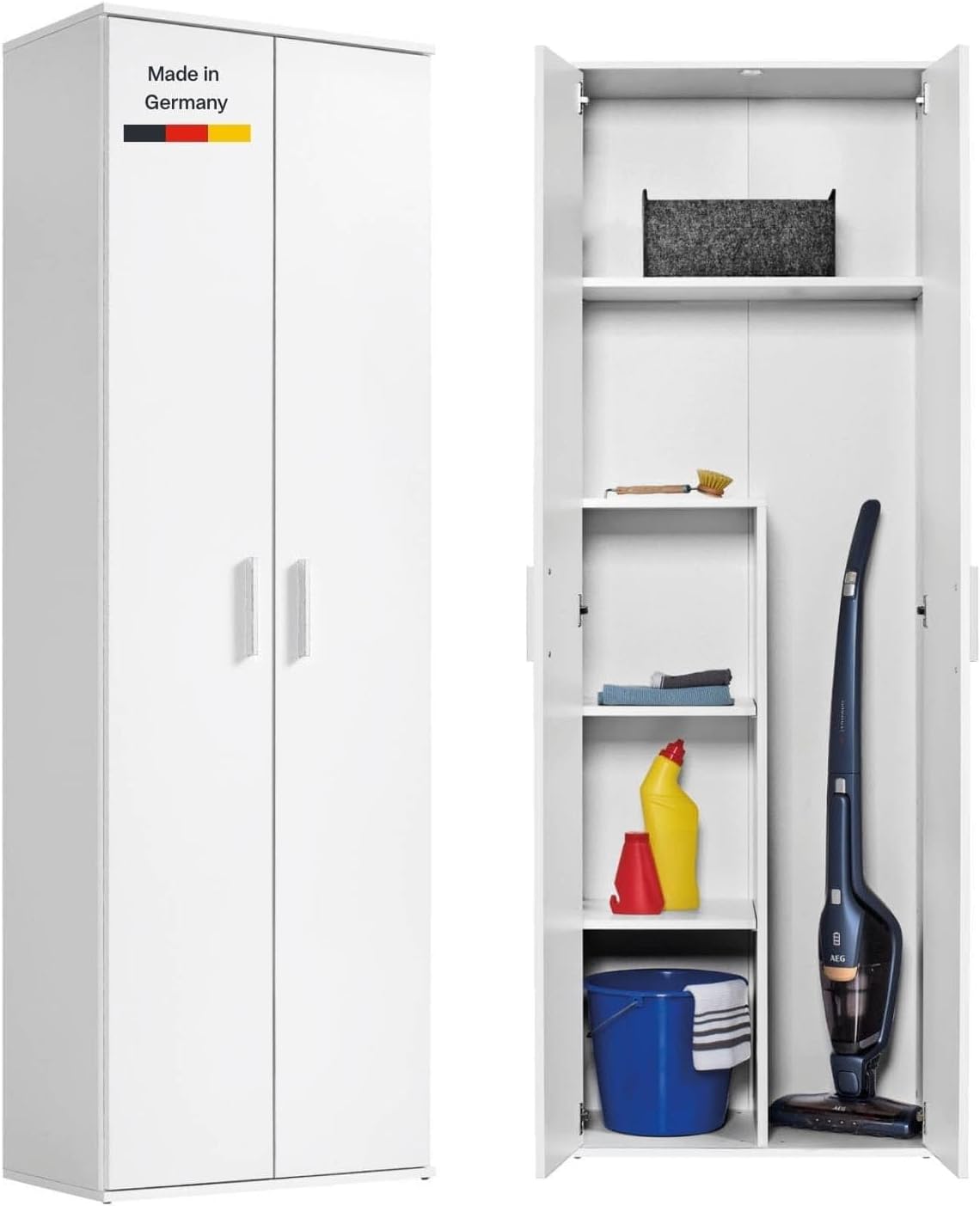 mokebo Mehrzweckschrank Besenschrank (60x180 cm) 'Der Lange' Made in Germany aus Holz auch als Haushaltsschrank Putzschrank Vorratsschrank Flurschrank Weiß