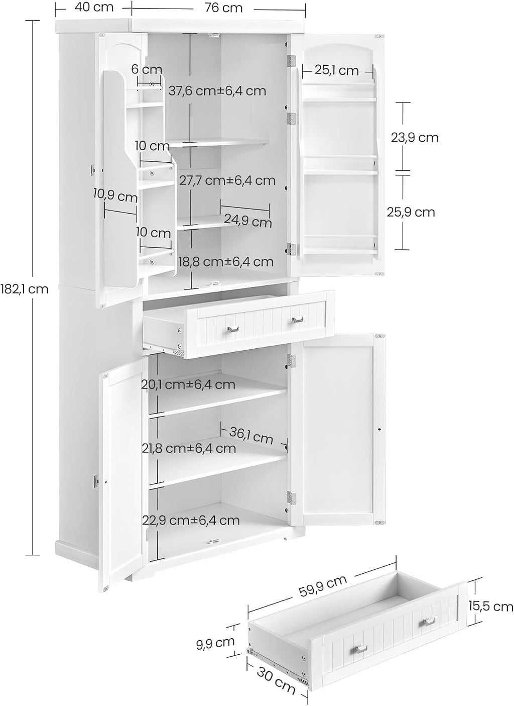 VASAGLE Küchenschrank, Mehrzweckschrank freistehend, 76 x 40 x 182 cm