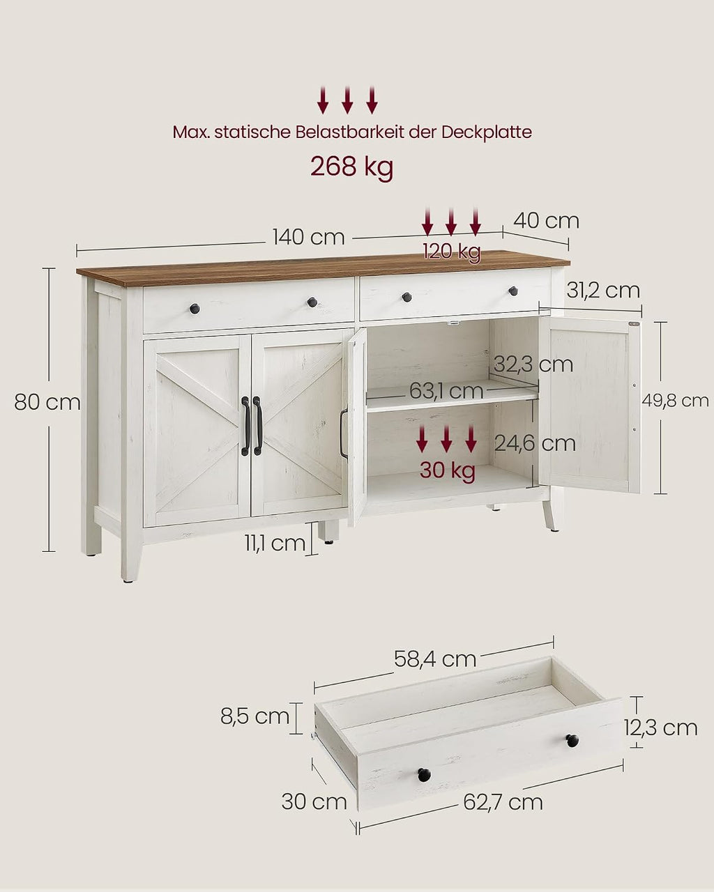 VASAGLE Küchenschrank mit 4 Türen, Sideboard