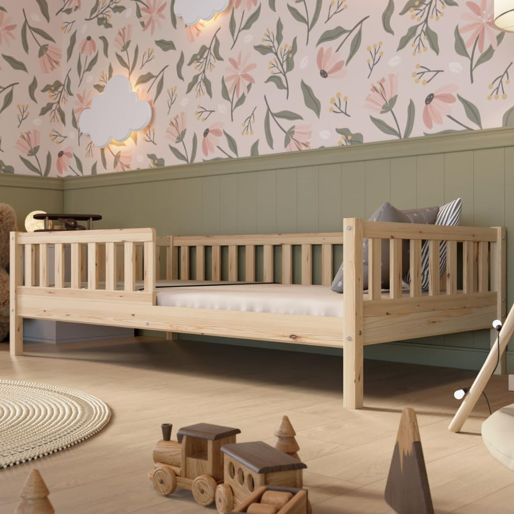 Kinderbett mit Schublade 80x160cm – Massives Montessori Bodenbett aus Holz mit Rausfallschutz – Sicheres Kleinkindbett – Skandinavisches Design Leichte Montage - Crazy Basic