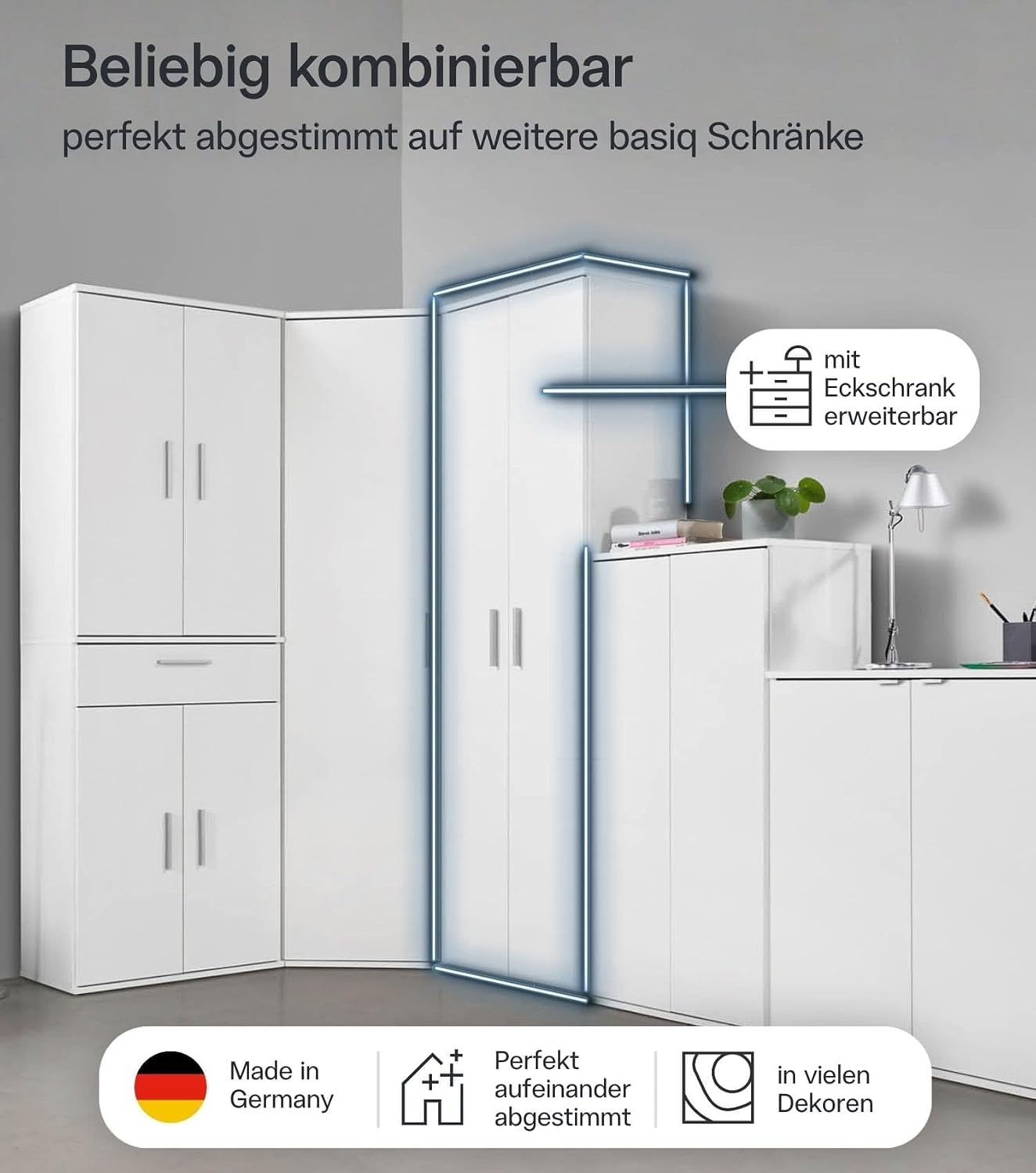 mokebo Mehrzweckschrank Besenschrank (60x180 cm) 'Der Lange' Made in Germany aus Holz auch als Haushaltsschrank Putzschrank Vorratsschrank Flurschrank Weiß