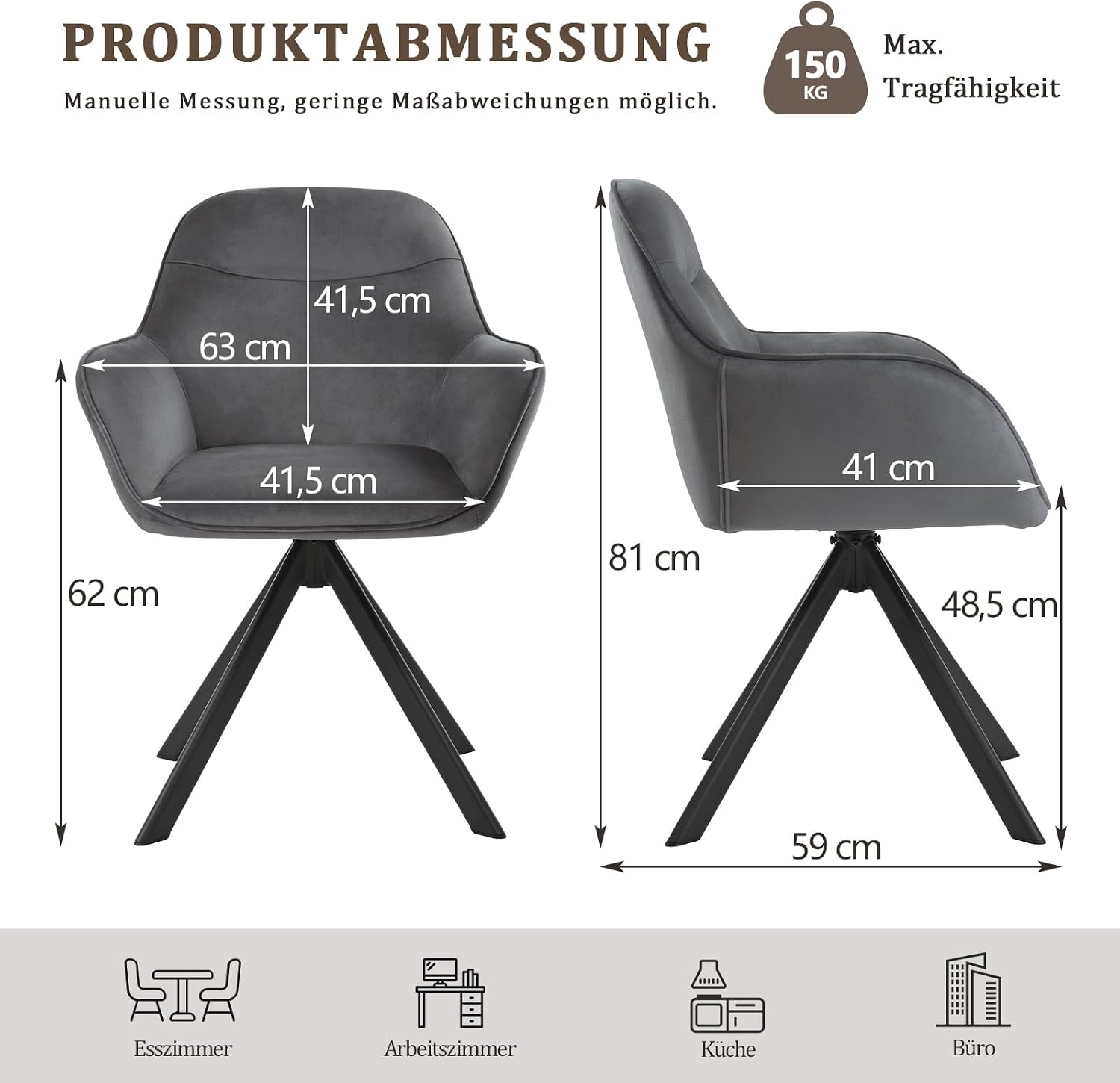 6er Set Esszimmerstühle Drehbar mit Armlehne, 360° Drehstuhl Polsterstuhl Samt Modern Küchenstuhl mit Metallbeine für Esszimmer, Wohnzimmer, Büro, Dunkelgrau