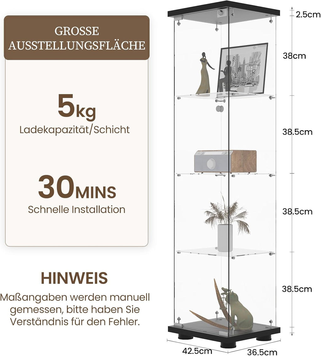 Glasvitrine Standvitrine in Schwarz, 164x42,5x36,5CM Glas Vitrine