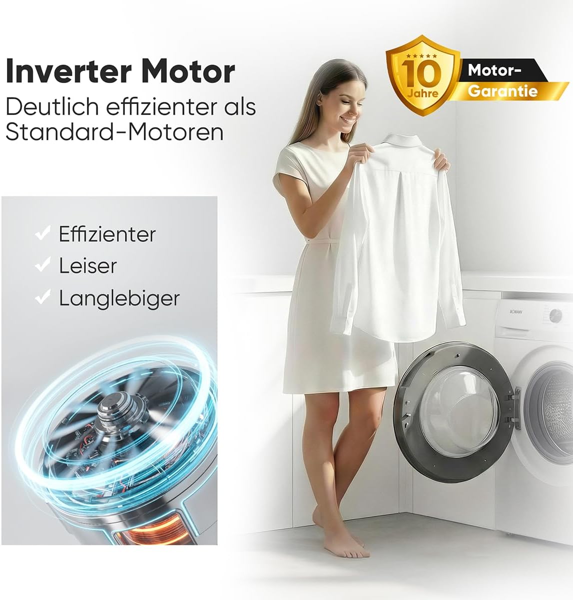 Bomann® Waschmaschine 7kg | max. 1400 U/min | 10 Jahre Motor-Garantie | effizienter, leiser & langlebiger Invertermotor | 15 Programme | Endzeitvorwahl | LED-Display | Washing Machine | WA 7175.1 weiß