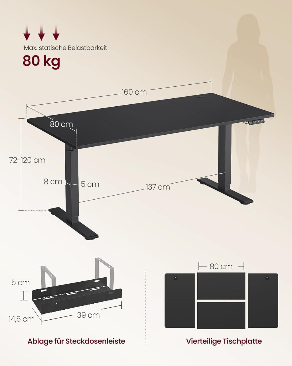 VASAGLE Höhenverstellbarer Schreibtisch, 160 x 80 cm, USB-C-Anschluss