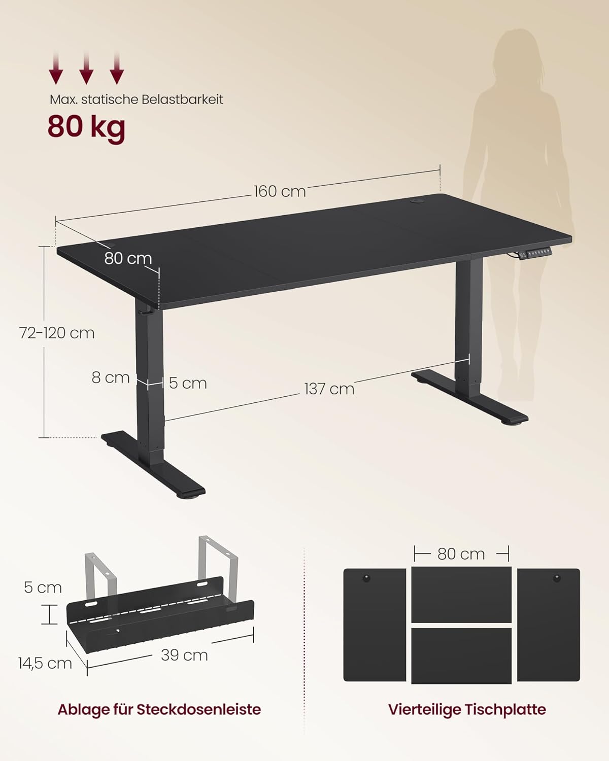 VASAGLE Höhenverstellbarer Schreibtisch, 160 x 80 cm, USB-C-Anschluss