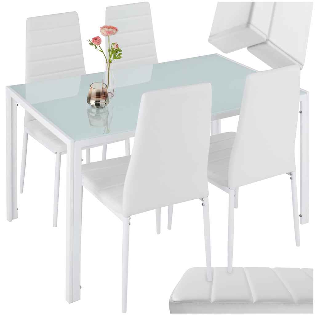 tectake Essgruppe Set Tisch und Stühle, Esstisch und 4X Stuhl, strapazierfähiges Kunstleder, Tischplatte aus Sicherheitsglas, Küchenstühle modern, Küche - schwarz