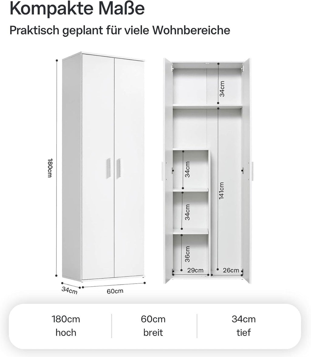 mokebo Mehrzweckschrank Besenschrank (60x180 cm) 'Der Lange' Made in Germany aus Holz auch als Haushaltsschrank Putzschrank Vorratsschrank Flurschrank Weiß
