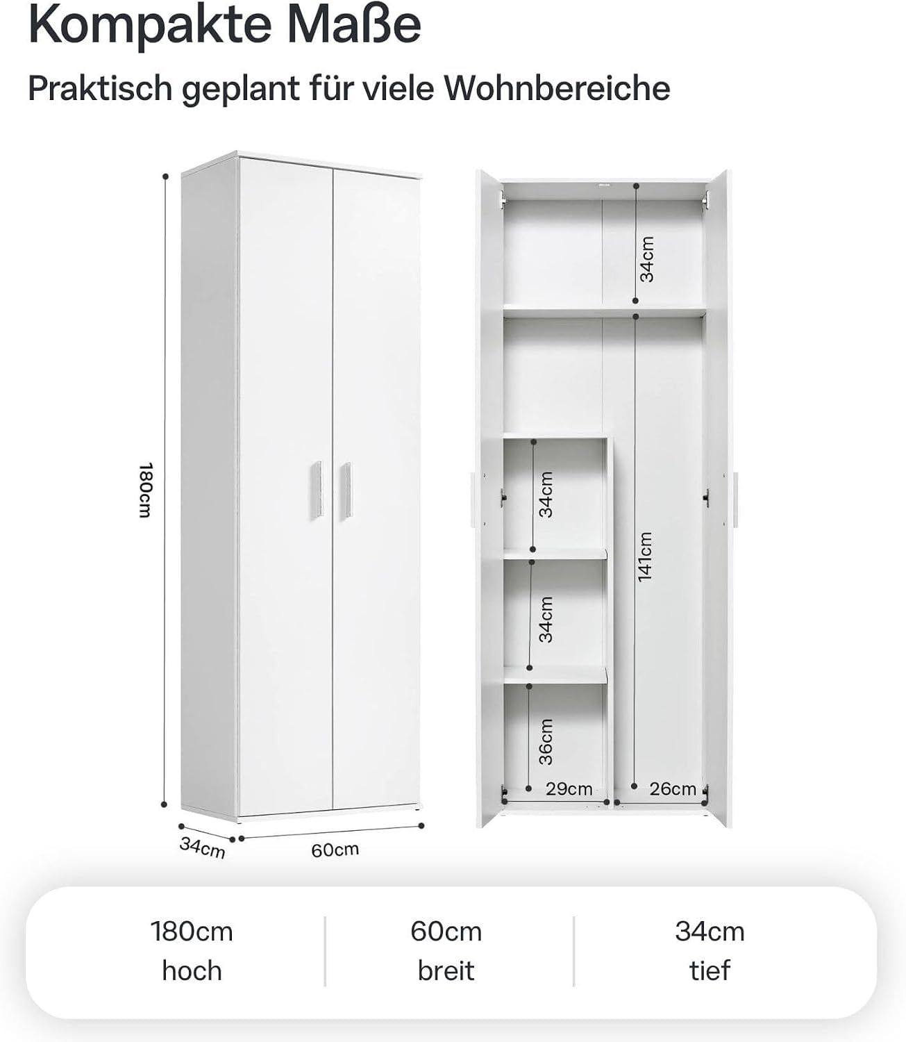 mokebo Mehrzweckschrank Besenschrank (60x180 cm) 'Der Lange' Made in Germany aus Holz auch als Haushaltsschrank Putzschrank Vorratsschrank Flurschrank Weiß