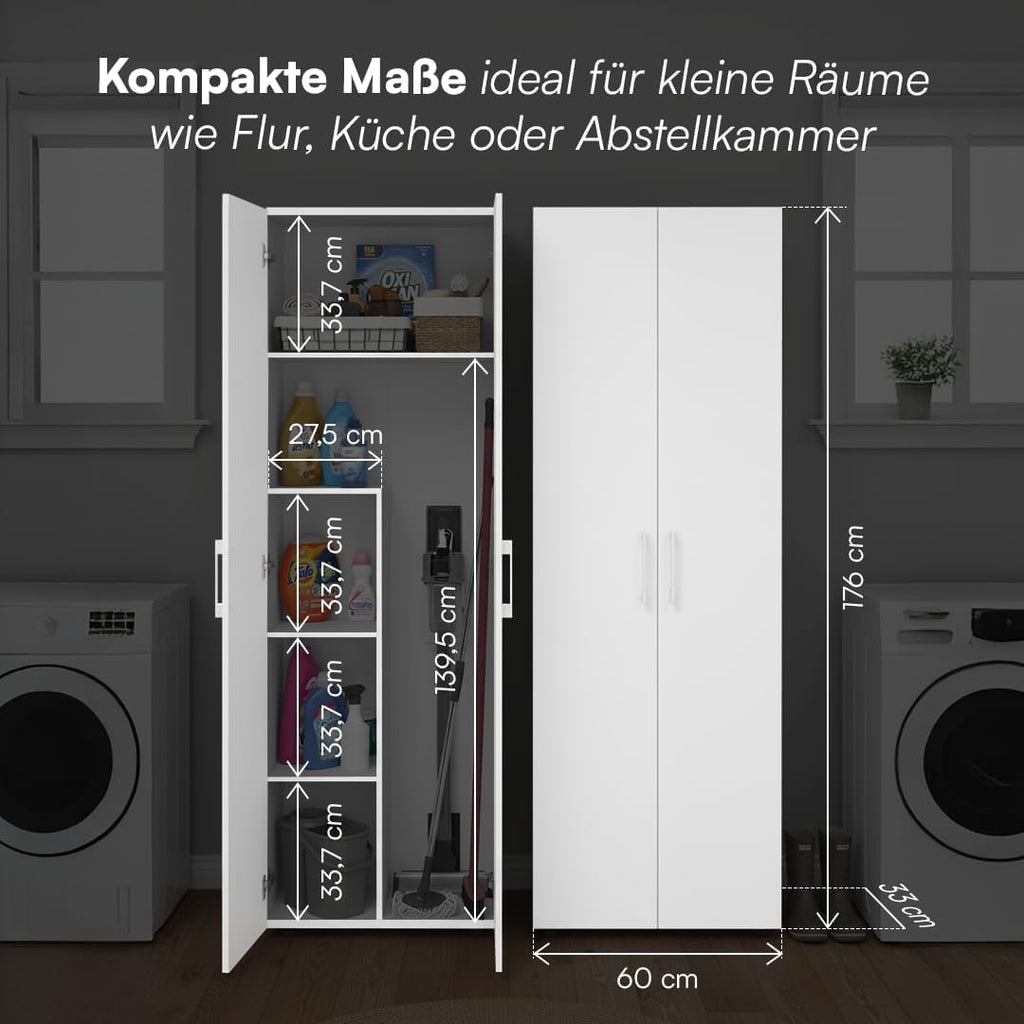 Bellamio Apol Besenschrank 60 cm breit, Weiß, Staubsaugerfach, Stauraum