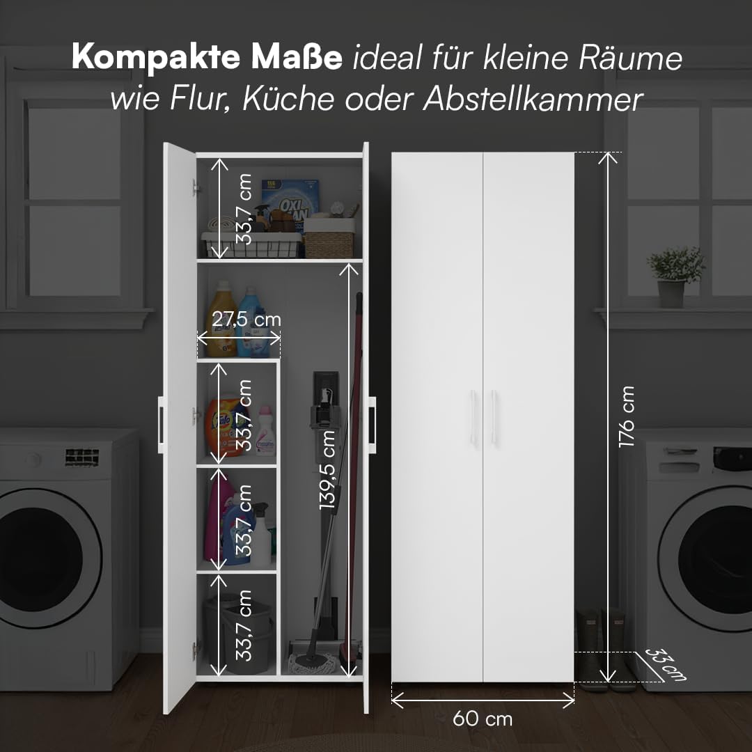 Bellamio Apol Besenschrank 60 cm breit, Weiß, Staubsaugerfach, Stauraum
