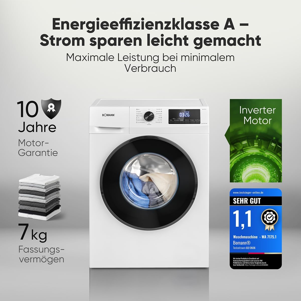 Bomann® Waschmaschine 7kg | max. 1400 U/min | 10 Jahre Motor-Garantie | effizienter, leiser & langlebiger Invertermotor | 15 Programme | Endzeitvorwahl | LED-Display | Washing Machine | WA 7175.1 weiß