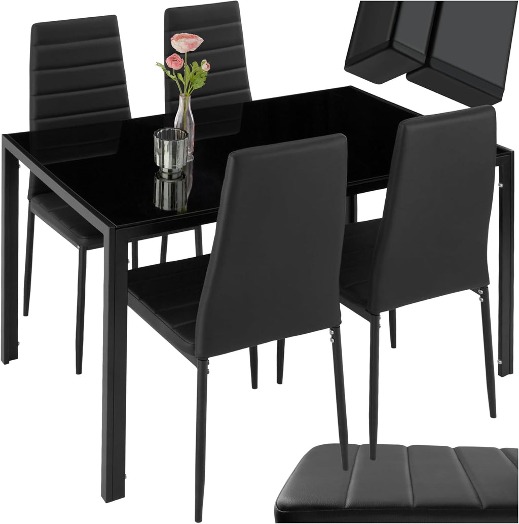 tectake Essgruppe Set Tisch und Stühle, Esstisch und 4X Stuhl, strapazierfähiges Kunstleder, Tischplatte aus Sicherheitsglas, Küchenstühle modern, Küche - schwarz