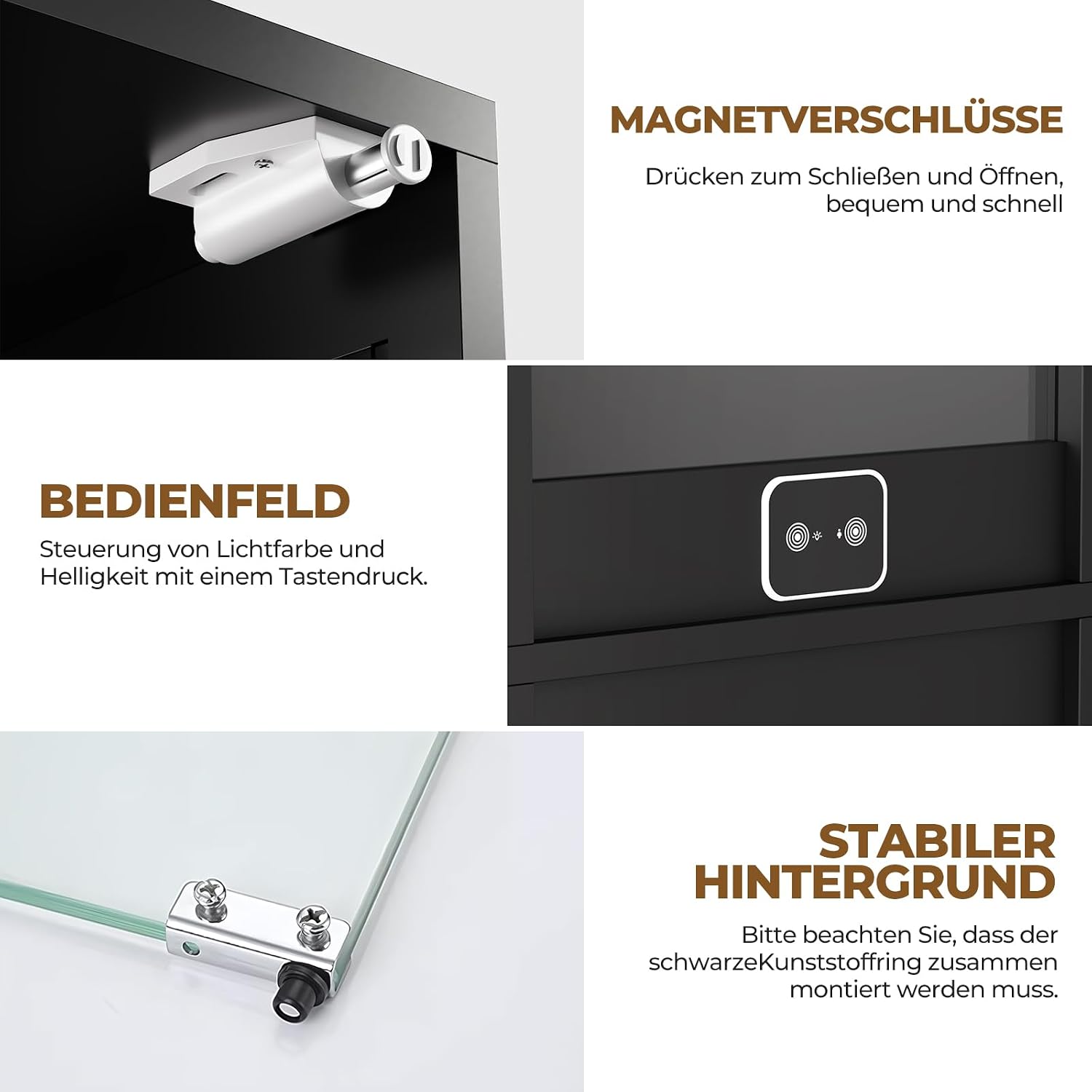 BROTTAR Glasvitrine mit Dreifarbig LED Beleuchtung und Glastüren, Glasvitrine Stehend mit Körpersensor-System, Sammlervitrine für Wohnzimmer, Büro, Bücher, Spielzimmer, Schwarz (40 x 35 x 160cm)