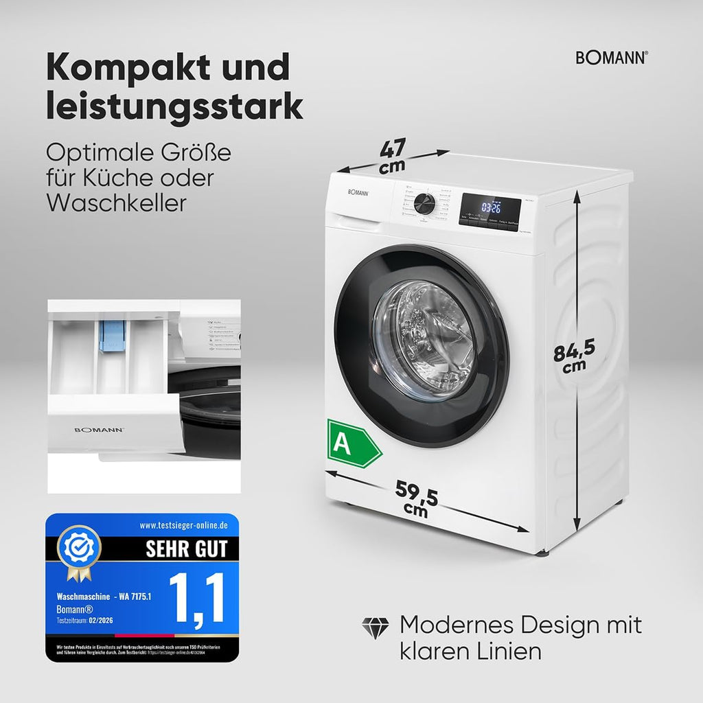 Bomann® Waschmaschine 7kg | max. 1400 U/min | 10 Jahre Motor-Garantie | effizienter, leiser & langlebiger Invertermotor | 15 Programme | Endzeitvorwahl | LED-Display | Washing Machine | WA 7175.1 weiß