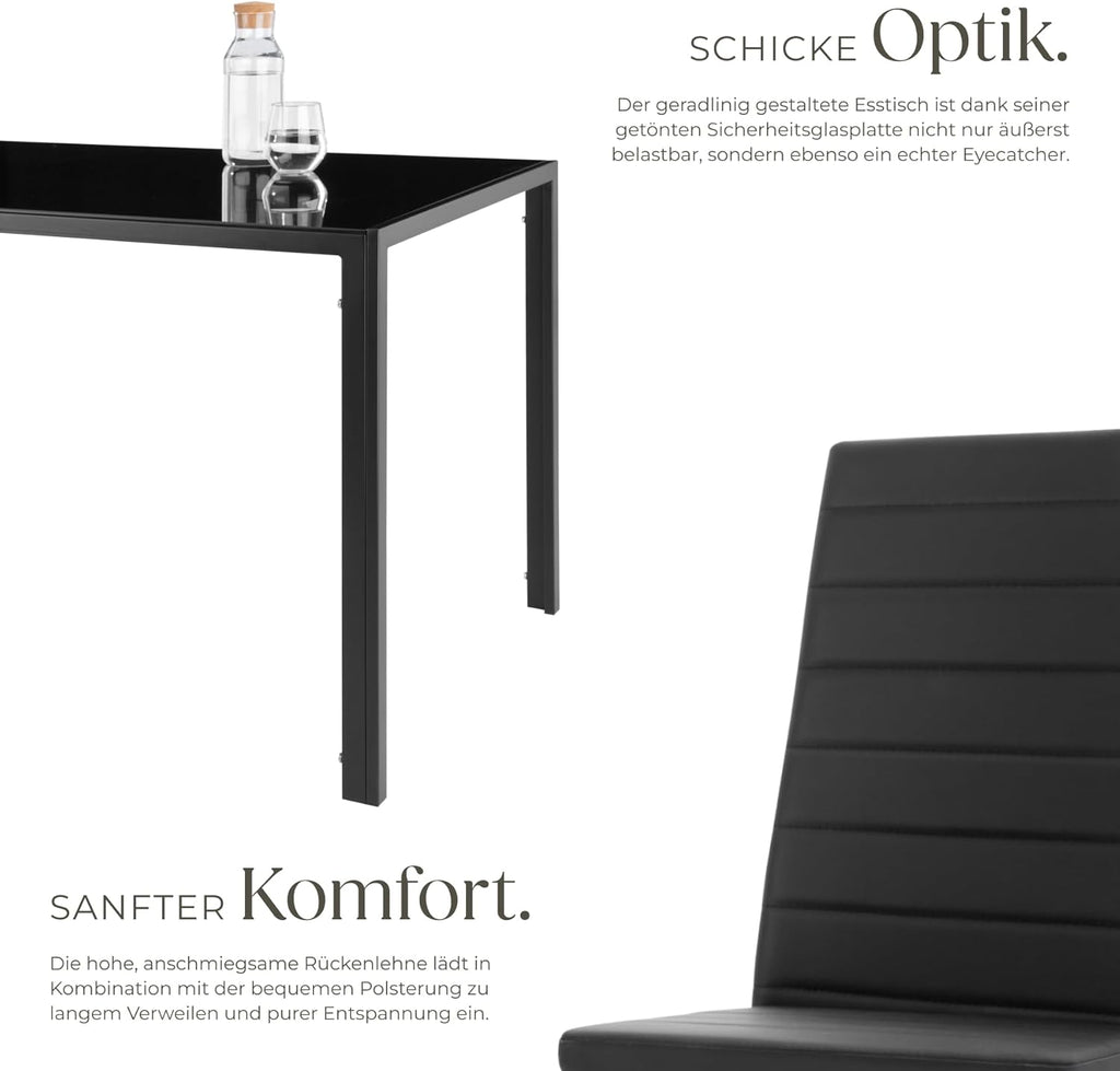 tectake Essgruppe Set Tisch und Stühle, Esstisch und 4X Stuhl, strapazierfähiges Kunstleder, Tischplatte aus Sicherheitsglas, Küchenstühle modern, Küche - schwarz