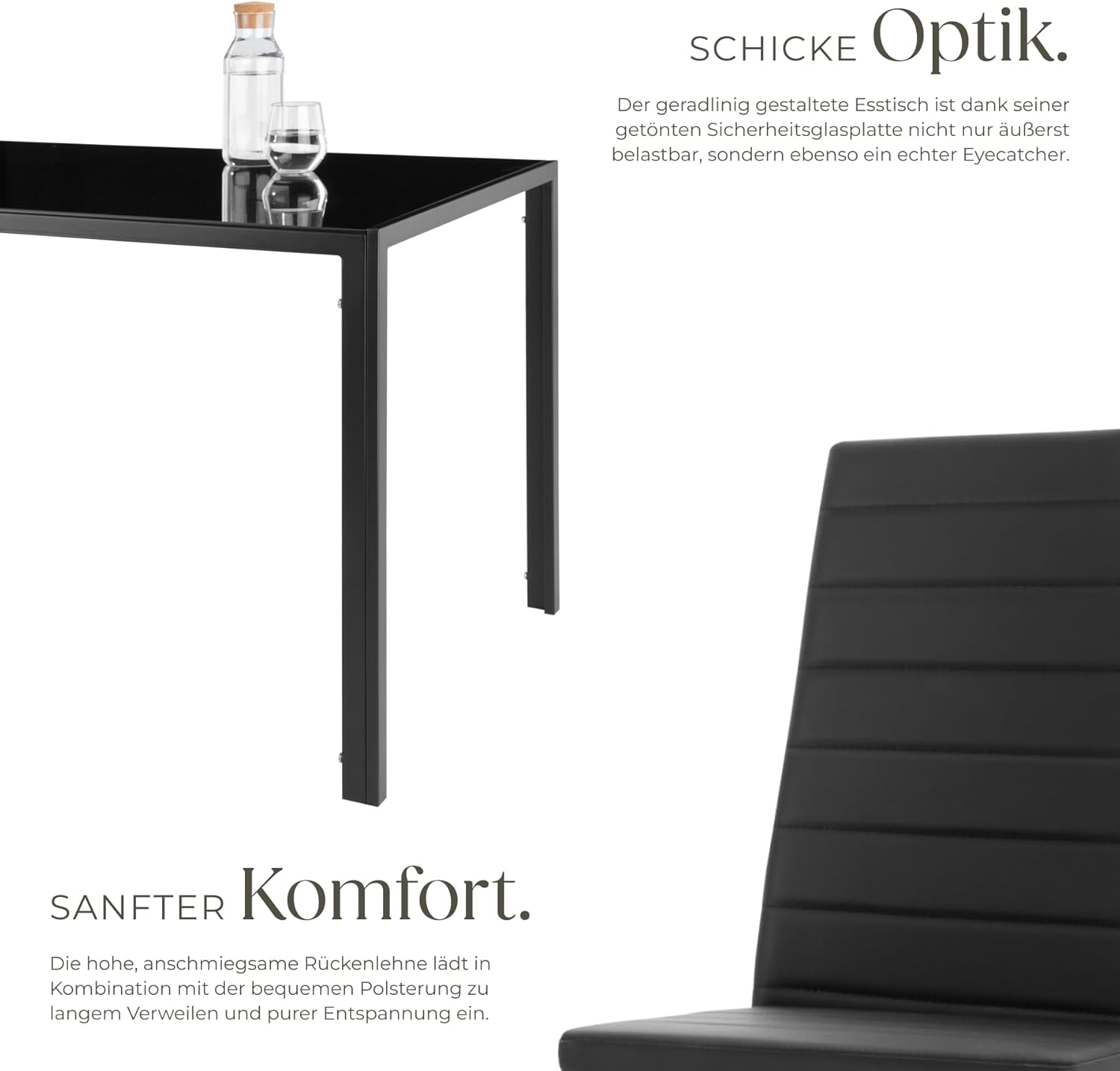 tectake Essgruppe Set Tisch und Stühle, Esstisch und 4X Stuhl, strapazierfähiges Kunstleder, Tischplatte aus Sicherheitsglas, Küchenstühle modern, Küche - schwarz