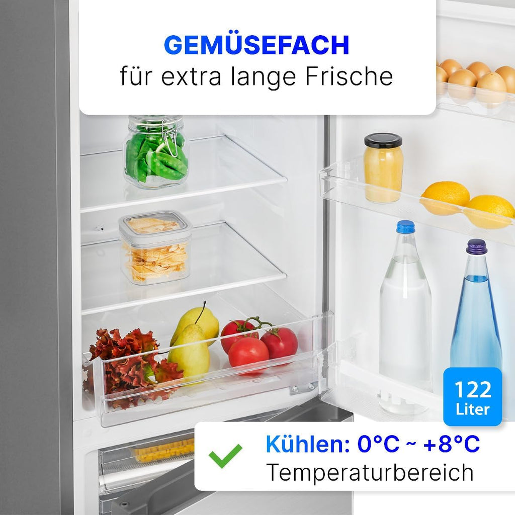 Bomann® Kühlschrank mit Gefrierfach | Energieklasse E | 143cm | Kühl Gefrierkombination leise 39 dB | 3 Ablagen & 3 Schubladen | Türanschlag wechselbar | 175L Kühlgefrierkombi | KG 320.2 inox