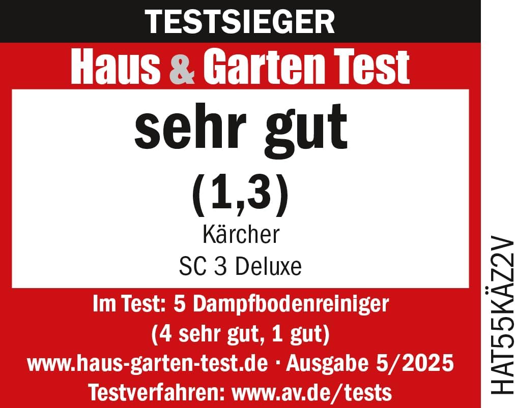 Kärcher Dampfreiniger SC 3 Deluxe, Dampfdruck: 3,5 bar, Aufheizzeit: 30 s, Leistung: 1.900 W, Flächenleistung: 75 m², Tank: 1 l, mit Bodenreinigungsset, Mikrofaser-Bezug, Düsen und Rundbürste, Weiß