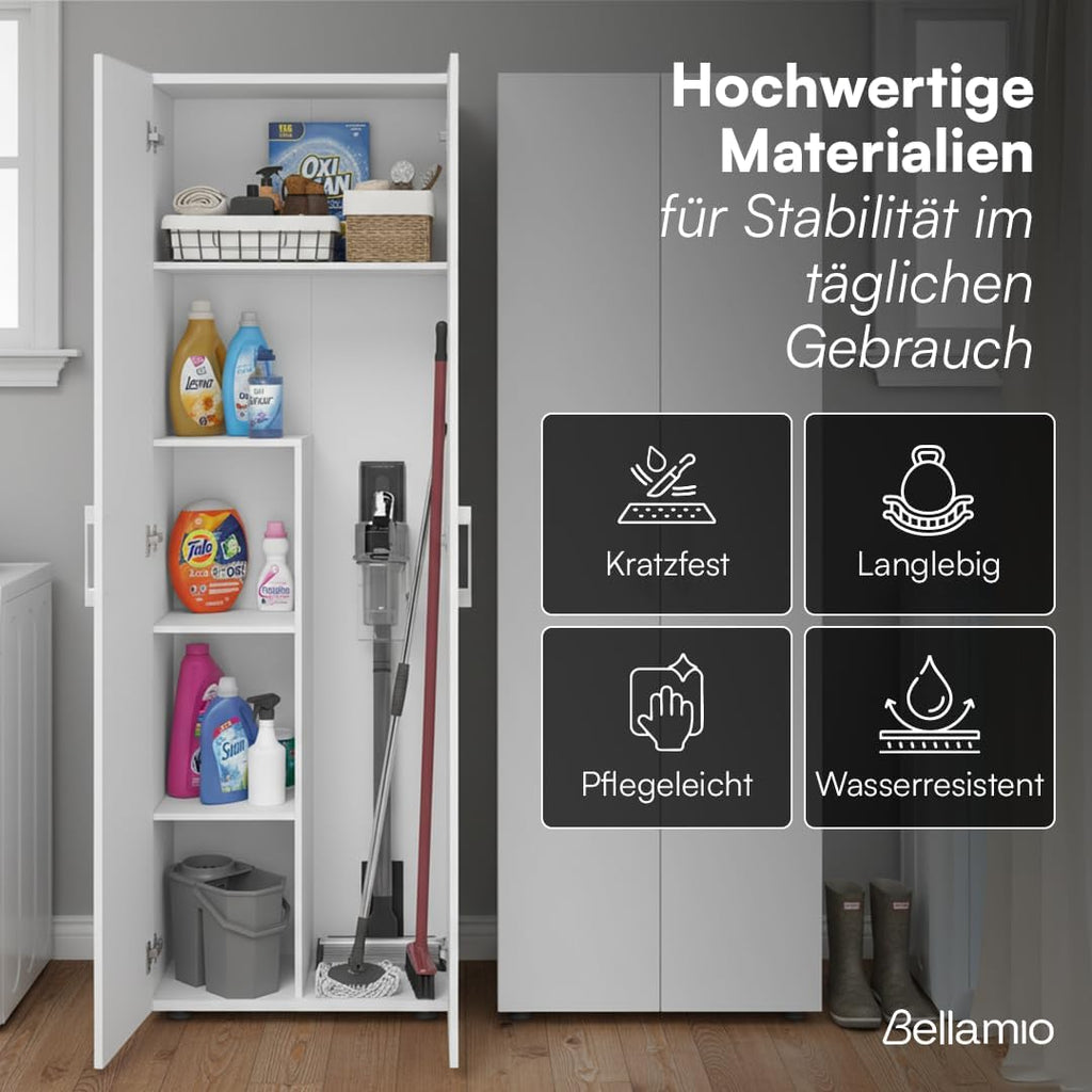 Bellamio Apol Besenschrank 60 cm breit, Weiß, Staubsaugerfach, Stauraum