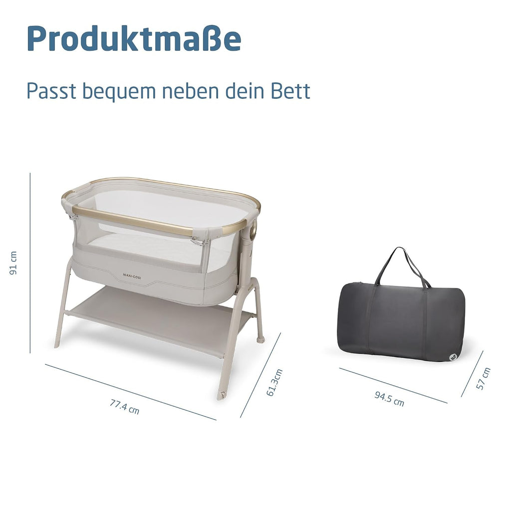 Maxi Cosi Iora² Baby Stubenbett, 0–6 kg (9 kg), Klappbares und Leichtes Beistellbett Baby, 5 cm CloudCore-Matratze, 5 Höhenstufen, 2 Leichtgängige Rollen, Easy Slide, Elegance Beige
