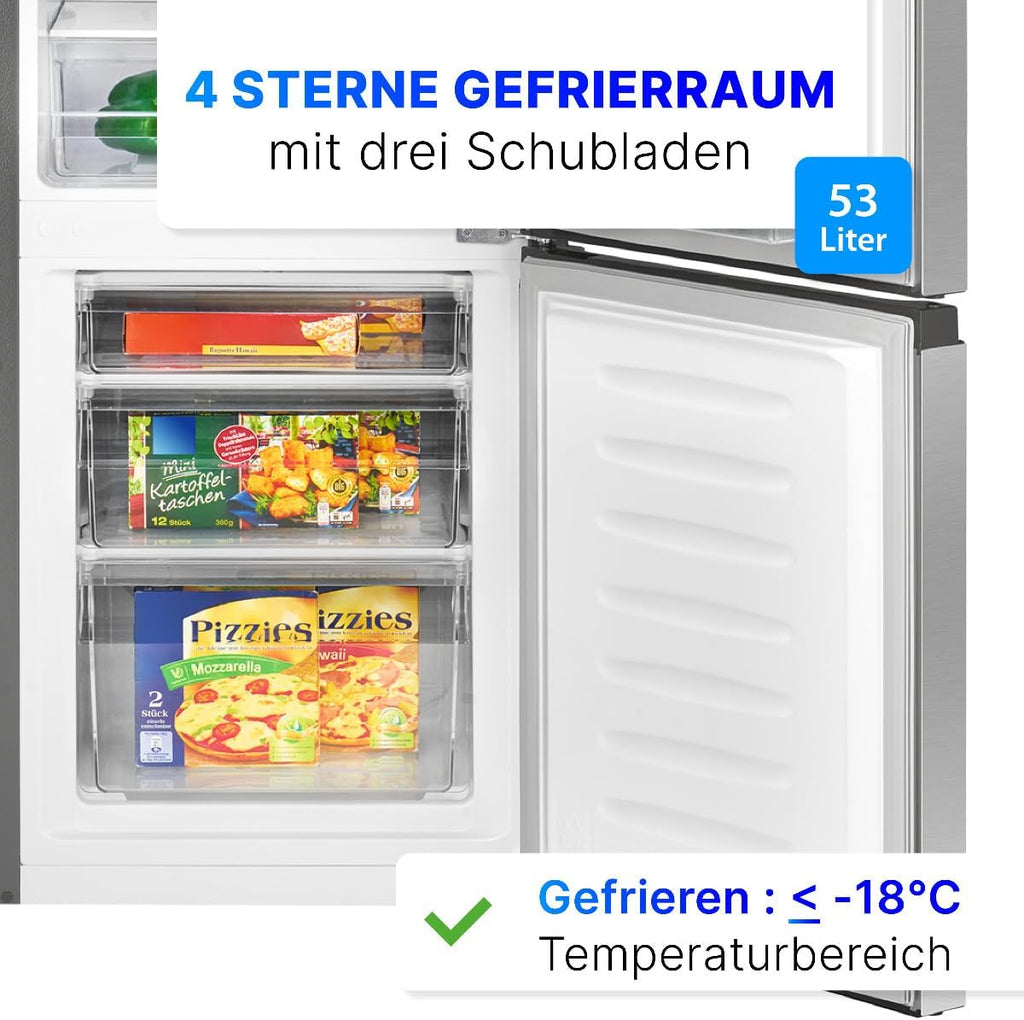 Bomann® Kühlschrank mit Gefrierfach | Energieklasse E | 143cm | Kühl Gefrierkombination leise 39 dB | 3 Ablagen & 3 Schubladen | Türanschlag wechselbar | 175L Kühlgefrierkombi | KG 320.2 inox