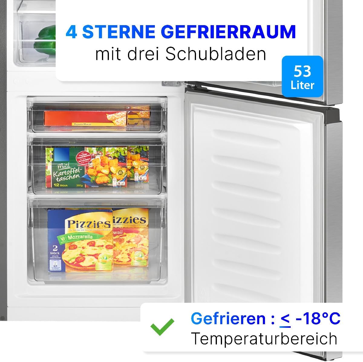 Bomann® Kühlschrank mit Gefrierfach | Energieklasse E | 143cm | Kühl Gefrierkombination leise 39 dB | 3 Ablagen & 3 Schubladen | Türanschlag wechselbar | 175L Kühlgefrierkombi | KG 320.2 inox