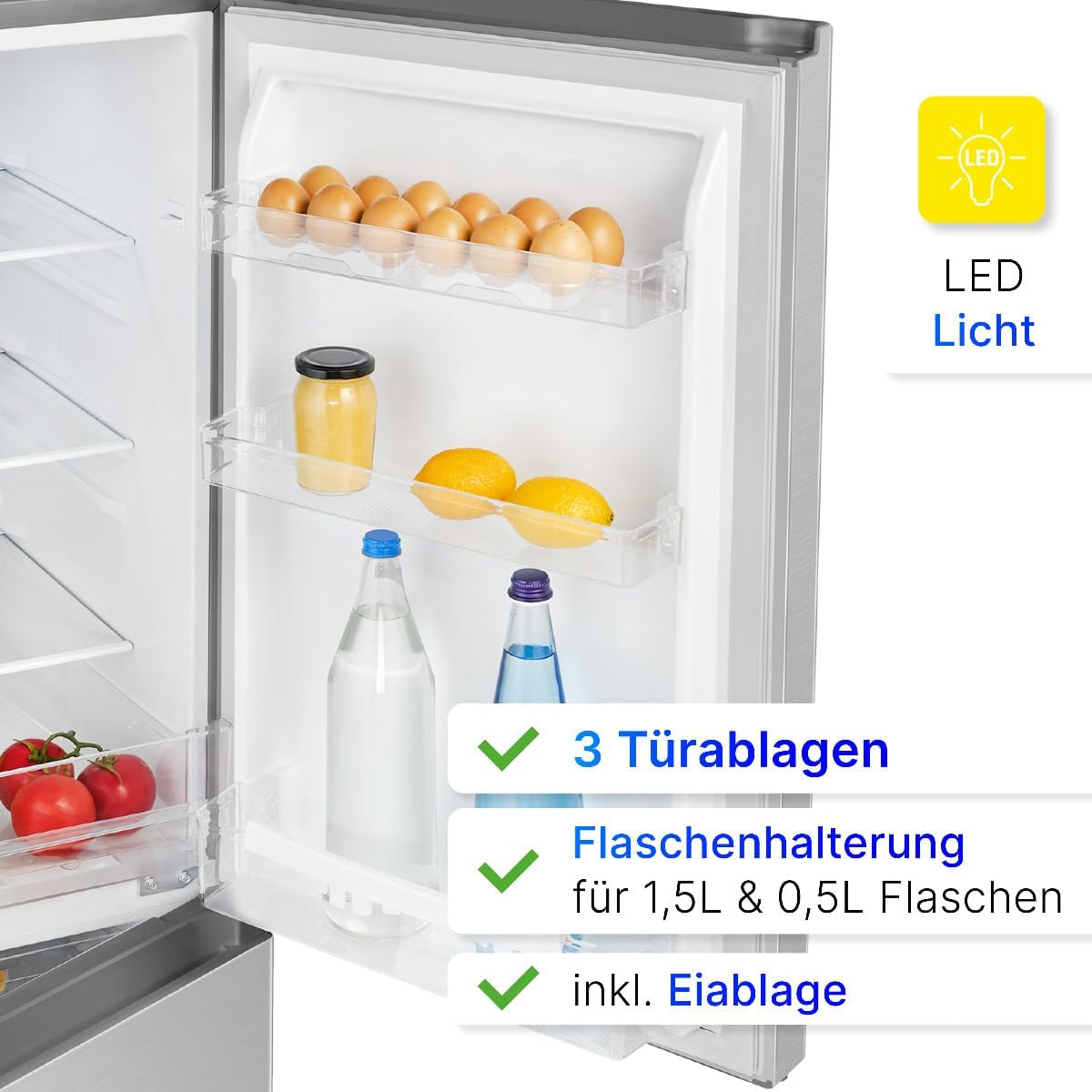 Bomann® Kühlschrank mit Gefrierfach | Energieklasse E | 143cm | Kühl Gefrierkombination leise 39 dB | 3 Ablagen & 3 Schubladen | Türanschlag wechselbar | 175L Kühlgefrierkombi | KG 320.2 inox