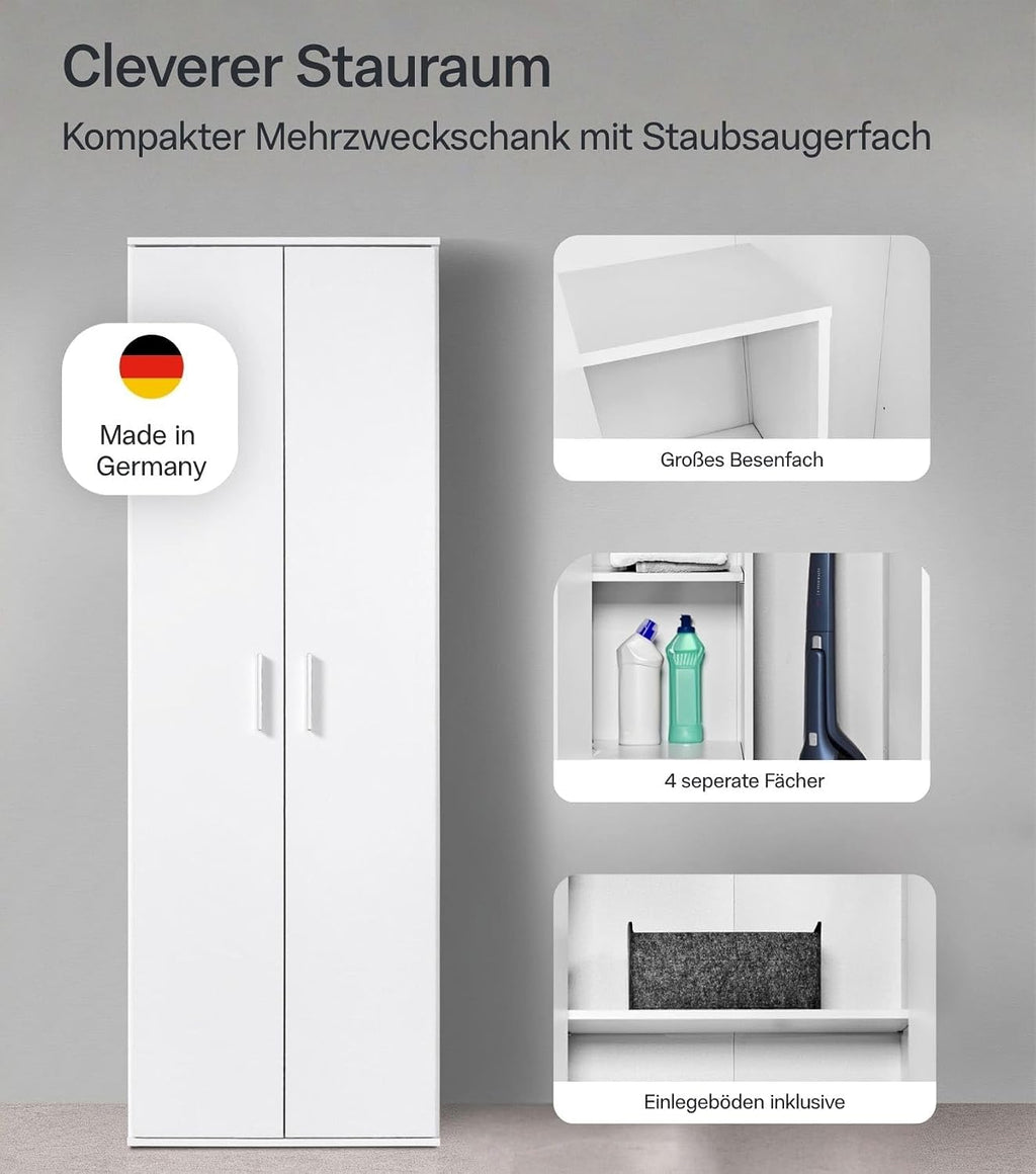 mokebo Mehrzweckschrank Besenschrank (60x180 cm) 'Der Lange' Made in Germany aus Holz auch als Haushaltsschrank Putzschrank Vorratsschrank Flurschrank Weiß