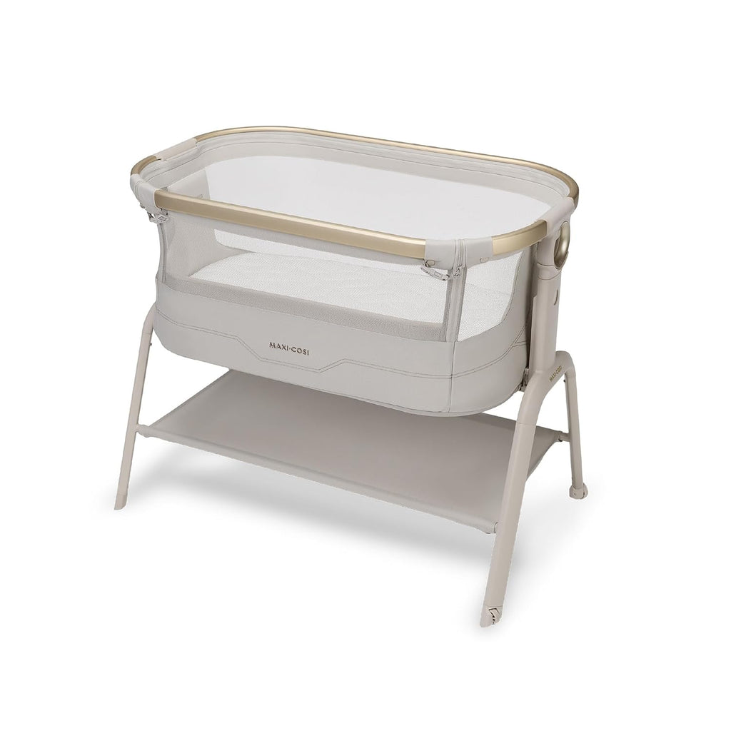 Maxi Cosi Iora² Baby Stubenbett, 0–6 kg (9 kg), Klappbares und Leichtes Beistellbett Baby, 5 cm CloudCore-Matratze, 5 Höhenstufen, 2 Leichtgängige Rollen, Easy Slide, Elegance Beige
