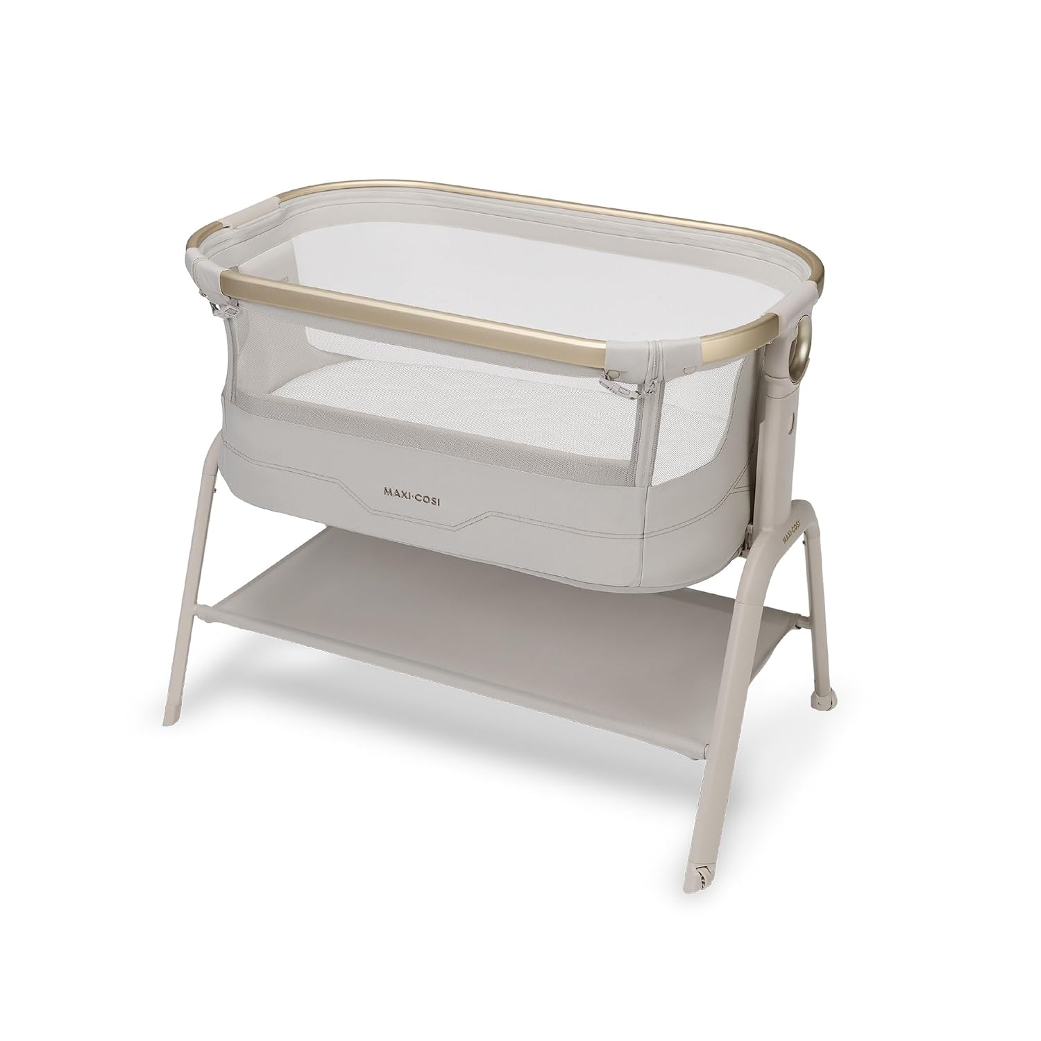 Maxi Cosi Iora² Baby Stubenbett, 0–6 kg (9 kg), Klappbares und Leichtes Beistellbett Baby, 5 cm CloudCore-Matratze, 5 Höhenstufen, 2 Leichtgängige Rollen, Easy Slide, Elegance Beige