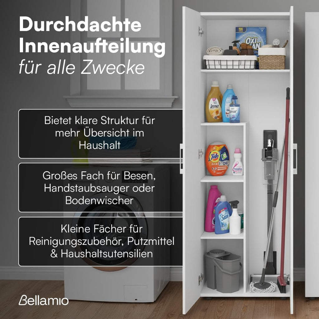 Bellamio Apol Besenschrank 60 cm breit, Weiß, Staubsaugerfach, Stauraum