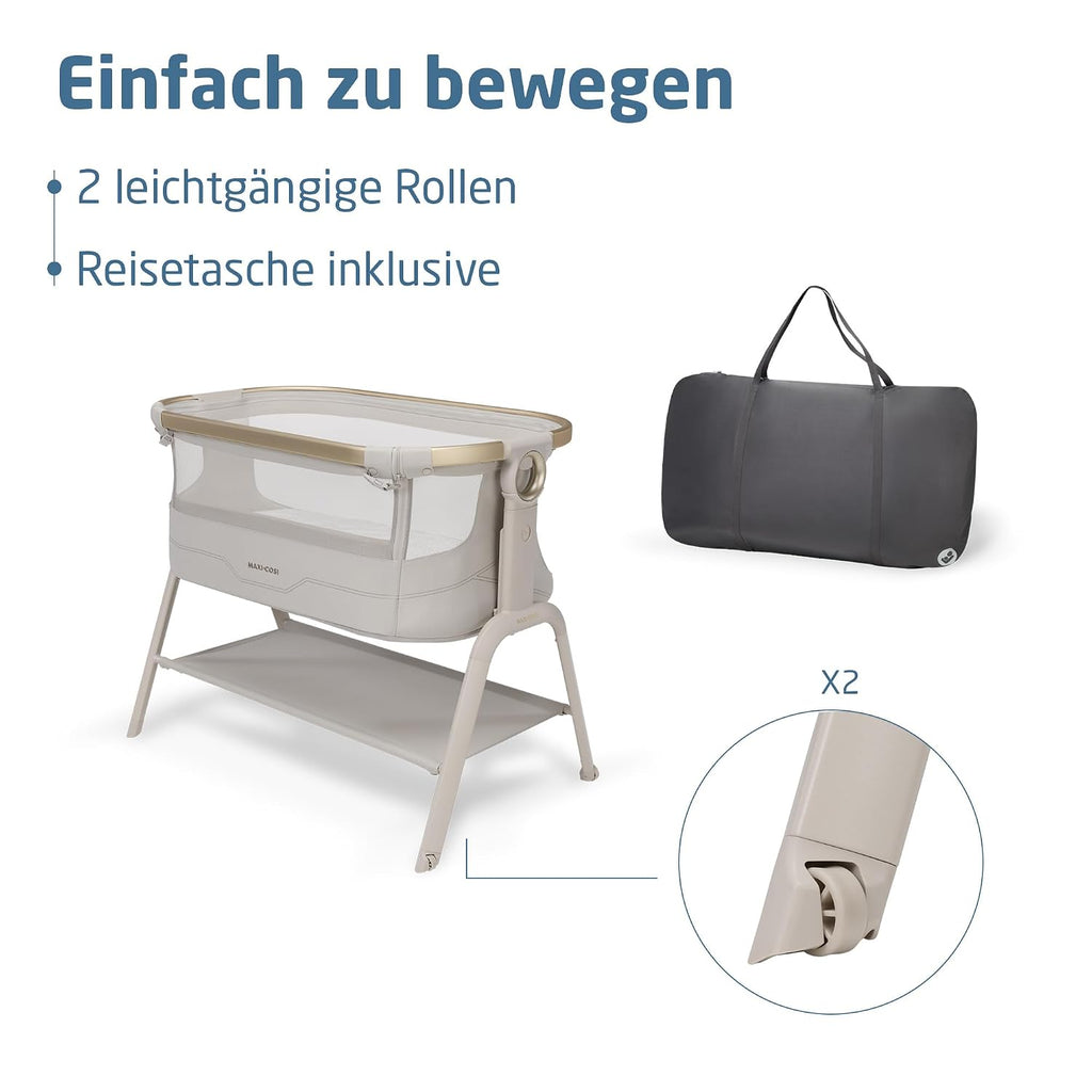 Maxi Cosi Iora² Baby Stubenbett, 0–6 kg (9 kg), Klappbares und Leichtes Beistellbett Baby, 5 cm CloudCore-Matratze, 5 Höhenstufen, 2 Leichtgängige Rollen, Easy Slide, Elegance Beige