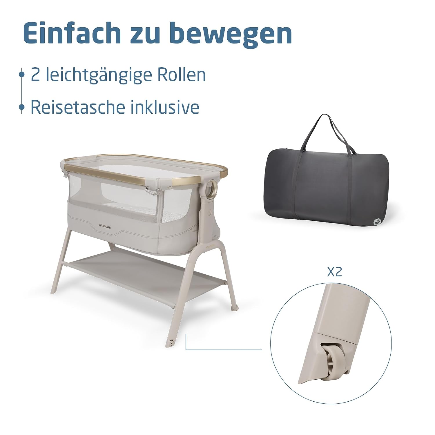 Maxi Cosi Iora² Baby Stubenbett, 0–6 kg (9 kg), Klappbares und Leichtes Beistellbett Baby, 5 cm CloudCore-Matratze, 5 Höhenstufen, 2 Leichtgängige Rollen, Easy Slide, Elegance Beige
