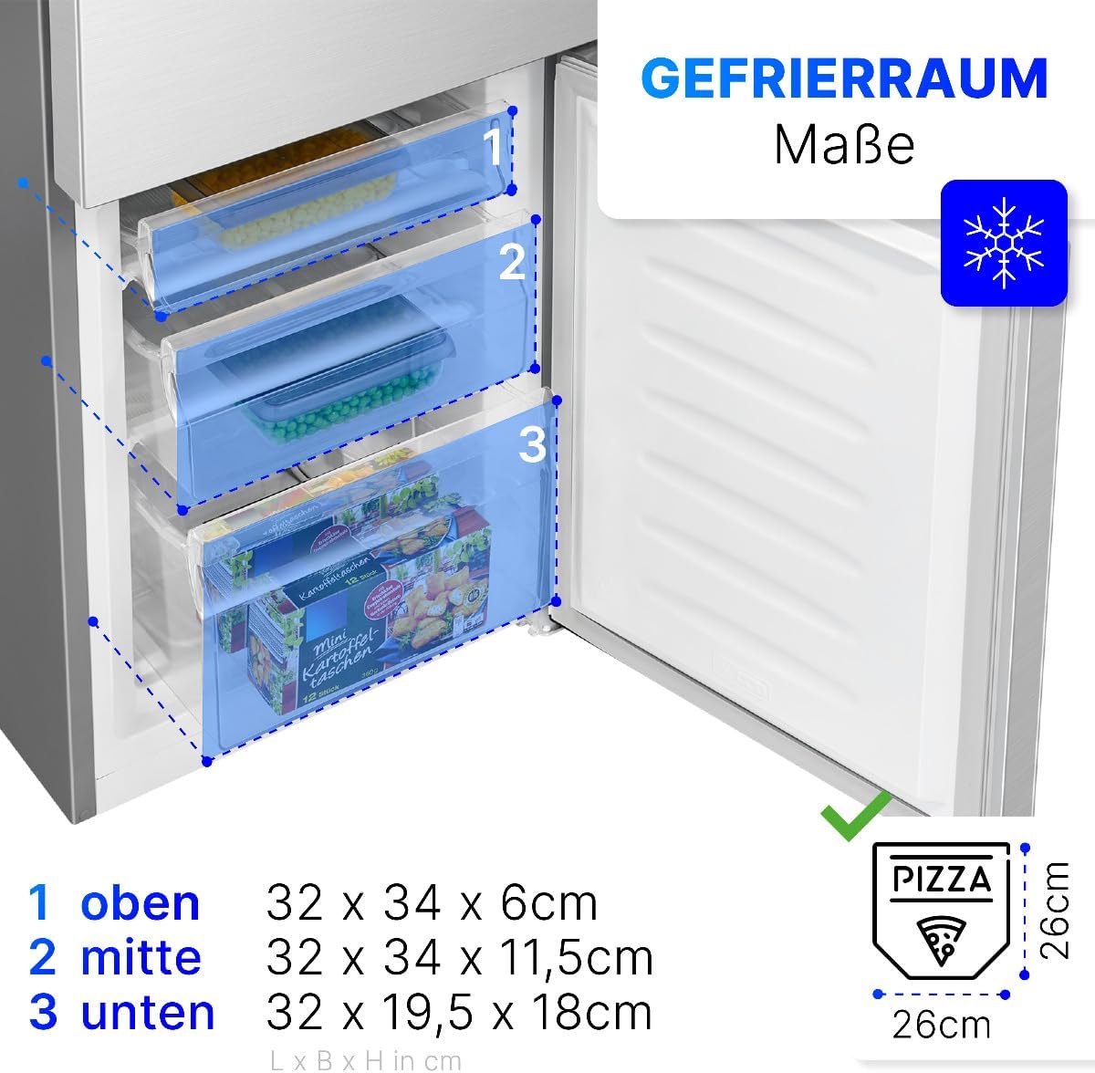 Bomann® Kühlschrank mit Gefrierfach | Energieklasse E | 143cm | Kühl Gefrierkombination leise 39 dB | 3 Ablagen & 3 Schubladen | Türanschlag wechselbar | 175L Kühlgefrierkombi | KG 320.2 inox