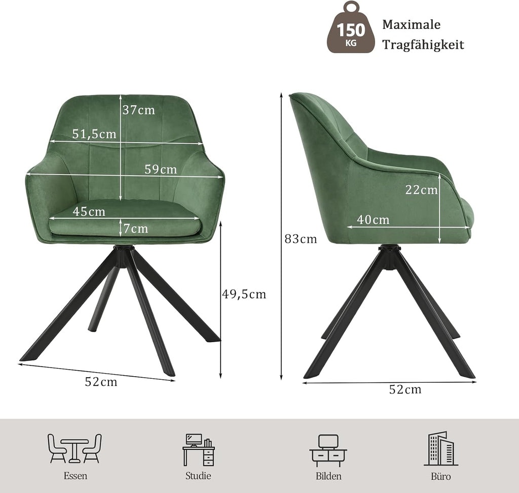 Drehstuhl Esszimmer 4er Set Samt Grün mit Armlehne Polsterstuhl Esszimmerstühle drehbar Küchenstuhl mit Metallbeine für Wohnzimmer Esszimmer