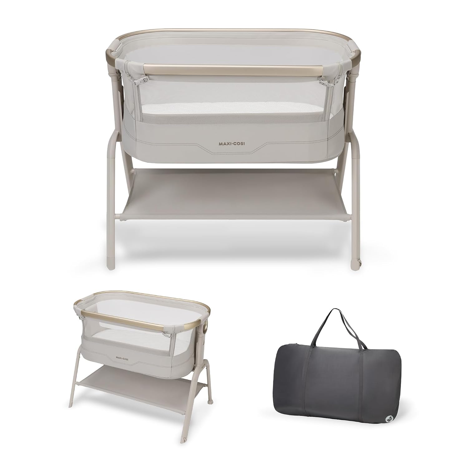 Maxi Cosi Iora² Baby Stubenbett, 0–6 kg (9 kg), Klappbares und Leichtes Beistellbett Baby, 5 cm CloudCore-Matratze, 5 Höhenstufen, 2 Leichtgängige Rollen, Easy Slide, Elegance Beige