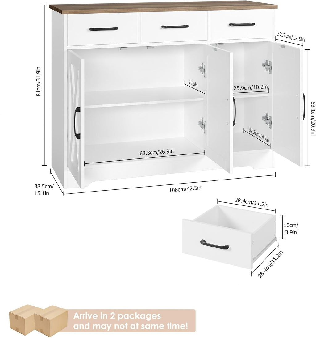 HOCSOK Sideboard, Küchenschrank mit Verstellbaren Ablagen, Weiß & Braun